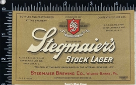 Stegmaier's Stock Lager IRTP Beer Label