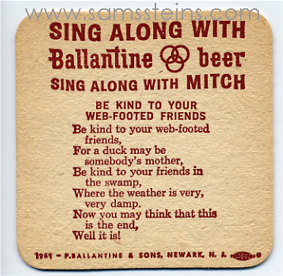 Ballantine Sing Along Web Footed Friend Beer Coaster