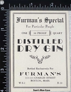 Furman's Special Distilled Dry Gin Label