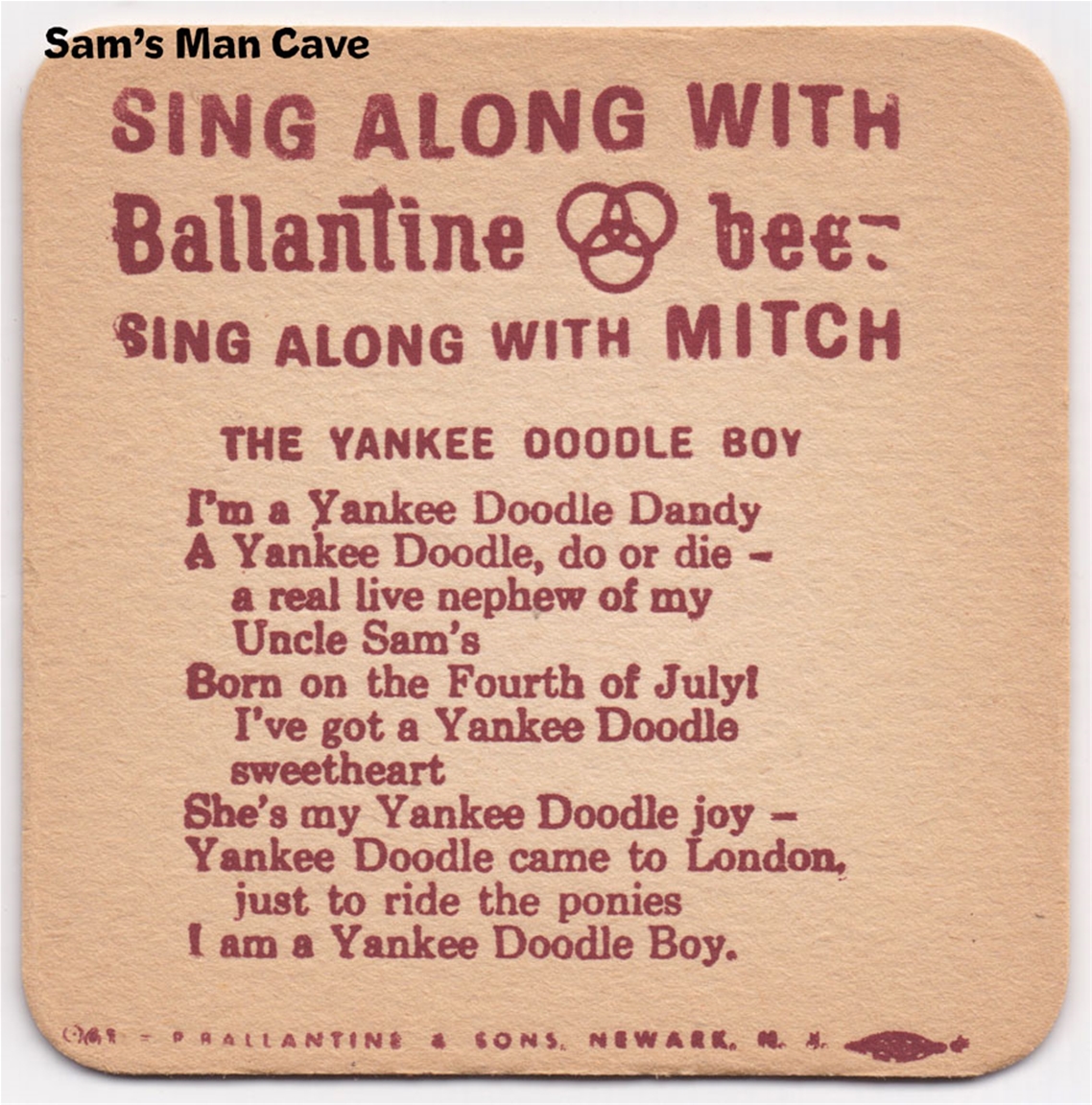 Ballantine Sing Along Yankee Doodle Boy Beer Coaster front of coaster