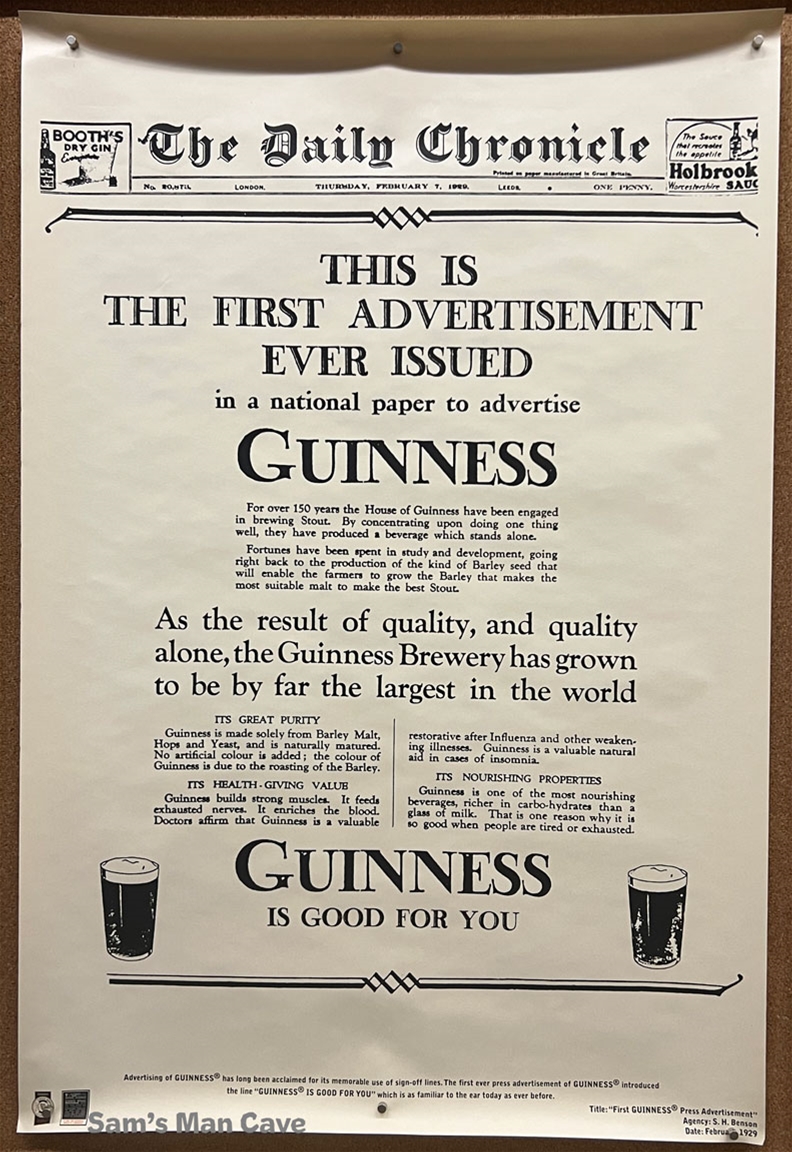 Guinness First Advertisement Beer Poster