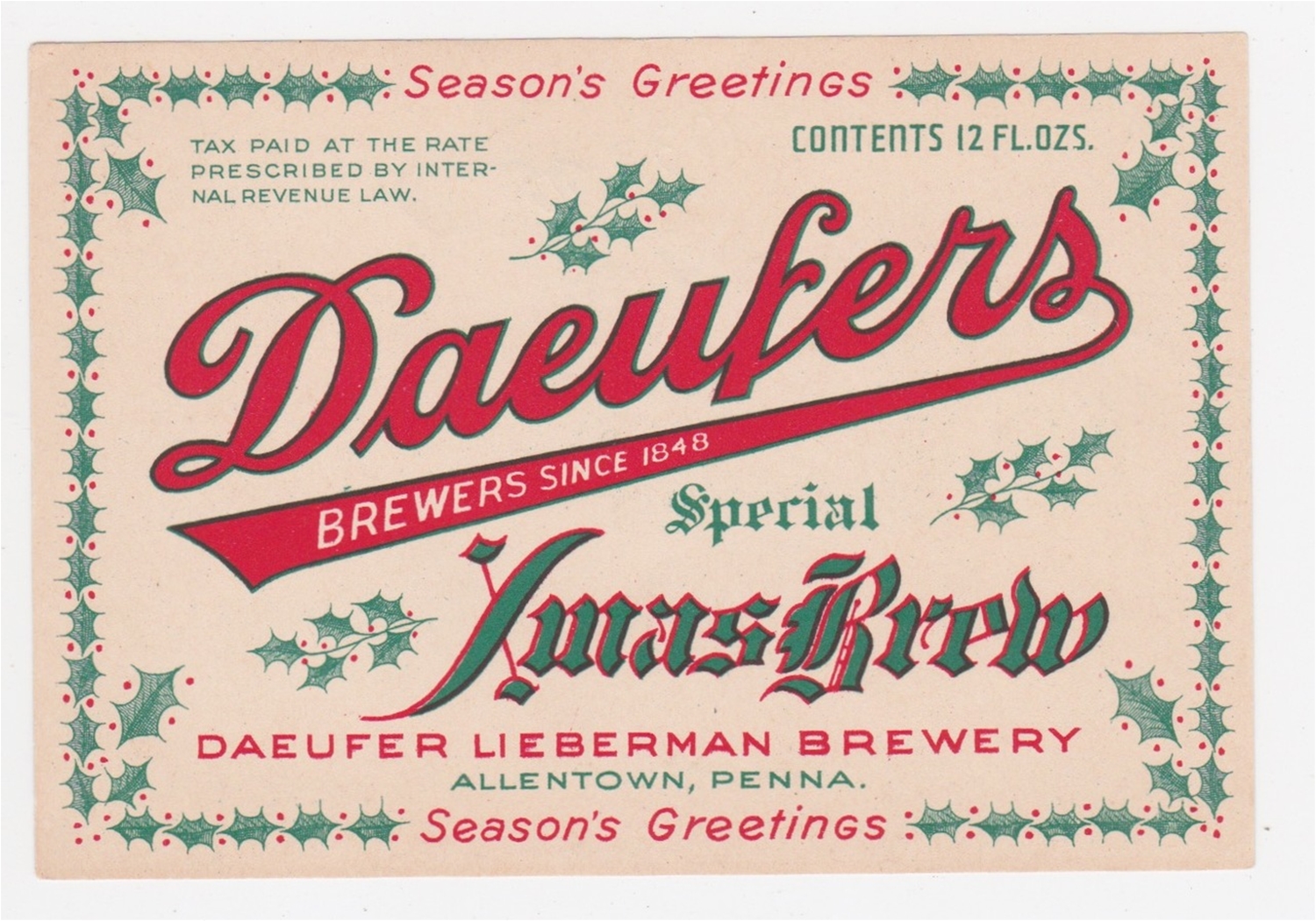 Daeufers Xmas Brew 12 oz IRTP Beer Label