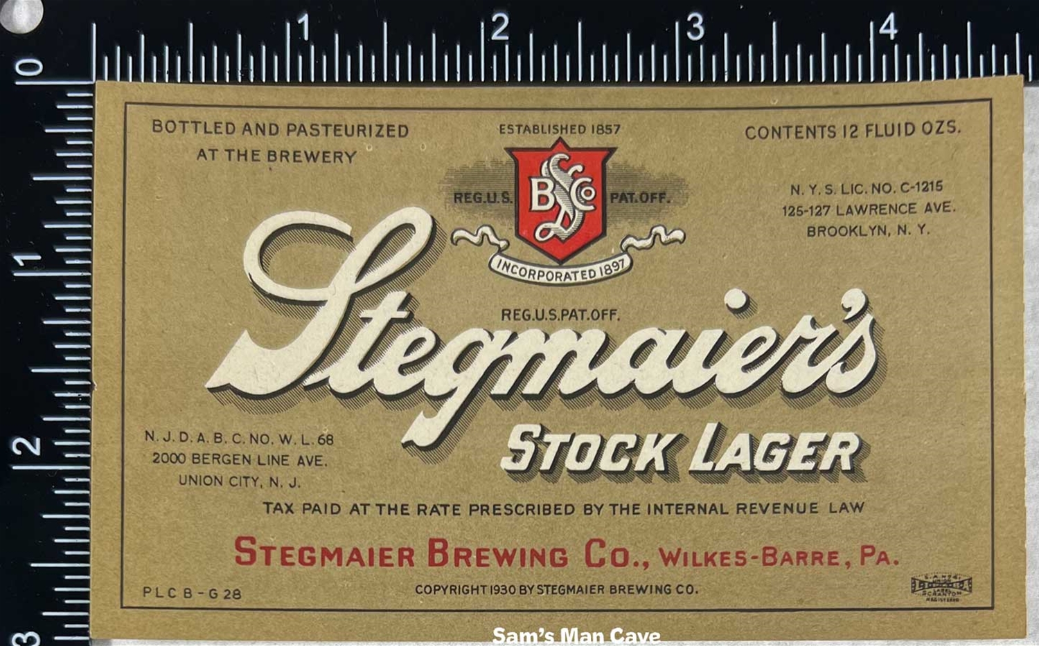 Stegmaier's Stock Lager IRTP Beer Label