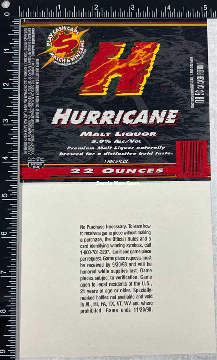 Hurricane Malt Liquor Play Cash Caps Label