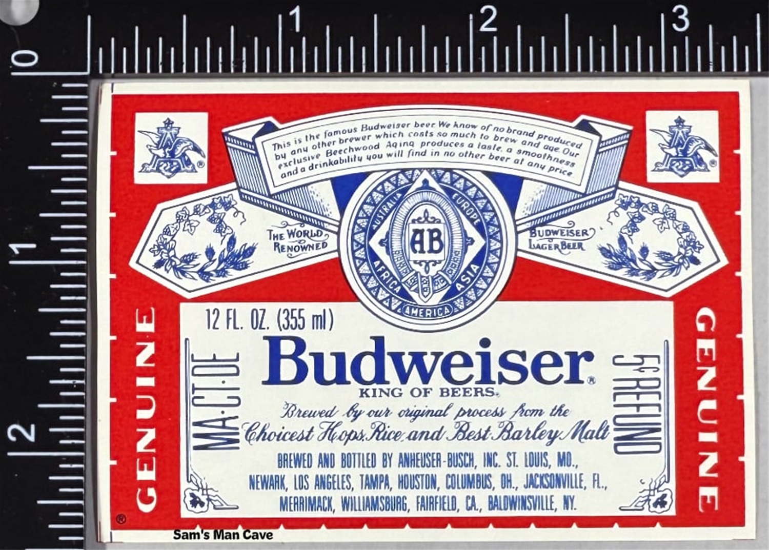 Budweiser 5¢ Refund MA CT DE Beer Label