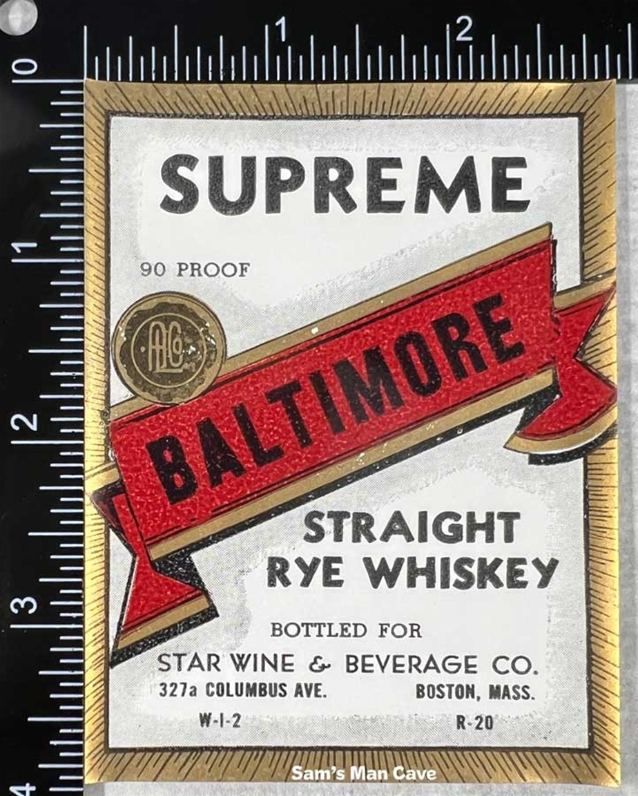 Baltimore Supreme Straight Rye Whiskey Label